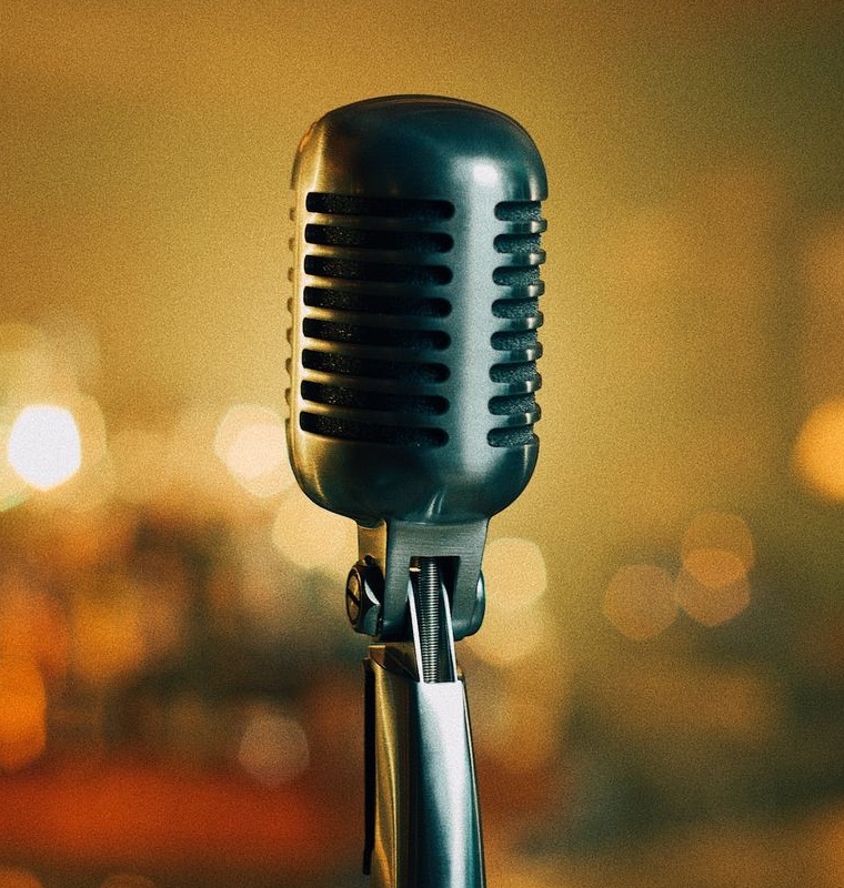 a black microphone with a blurry background